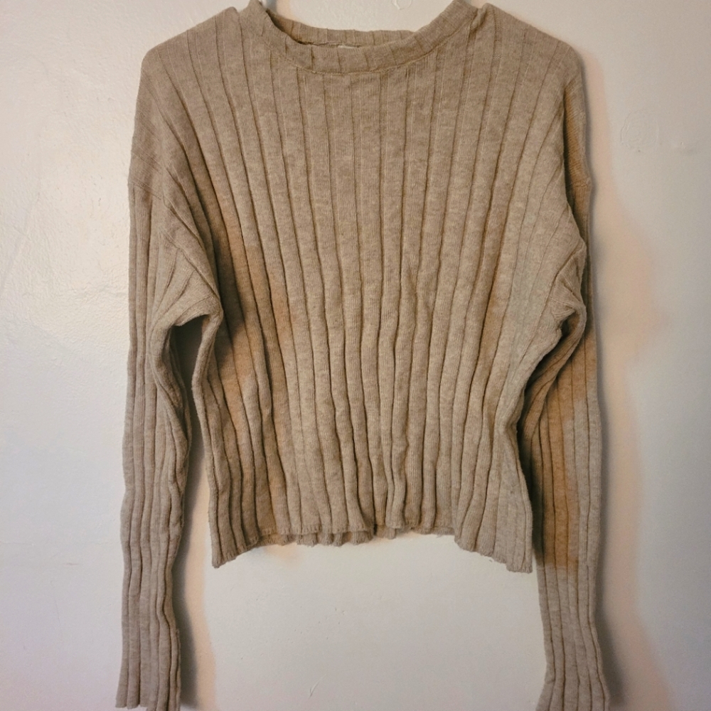 Beige Cream Rib Knit Super Soft Slightly Cropped Slim Fit Sweater